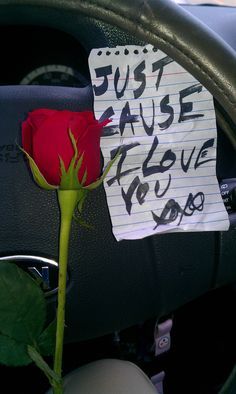 a red rose sitting on top of a car dashboard next to a piece of paper