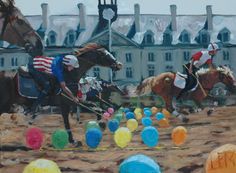 two jockeys on horses racing through an obstacle course in front of a large building