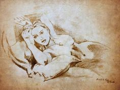 a pencil drawing of a woman laying down