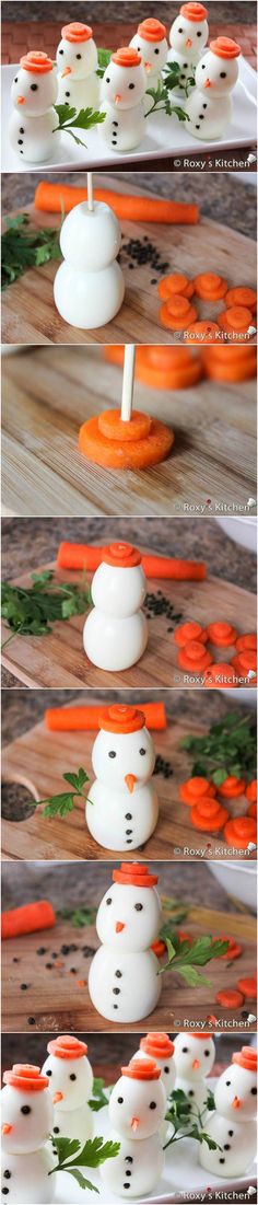 snowmen made out of carrots on a wooden table