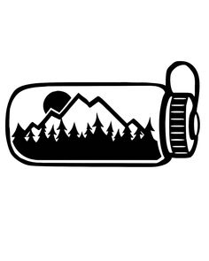 a bottle filled with water and trees on top of a white background in the shape of a mountain