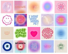 a collage of different types of greeting cards with words on them and hearts in the middle