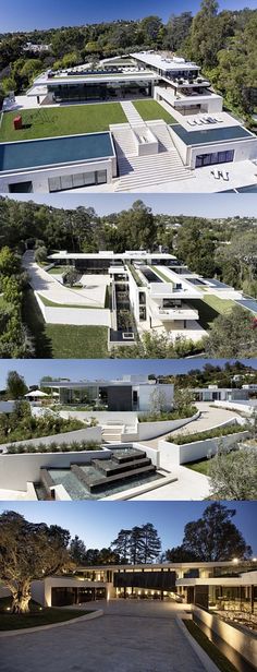 four different views of the exterior of a modern house with multiple levels and spaces to sit on