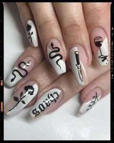 Black and White Nails Black And White Split Nails, Punk Rock Nail Art, Tattoo Art Nails, Scream Nails Acrylic Short, Tattoo Style Nails, Dagger Nail Art, Nails Different Designs Each Finger, Tattoo Inspired Nails, Nail Ideas Emo