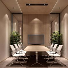 an empty conference room with white chairs and a flat screen tv mounted on the wall