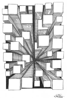 a pencil drawing of an abstract structure with squares and rectangles in the center