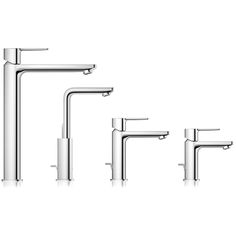 three faucets are shown in different sizes and shapes, one is white the other is chrome