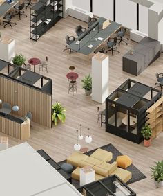 an overhead view of office space with desks, chairs, and open concept furniture