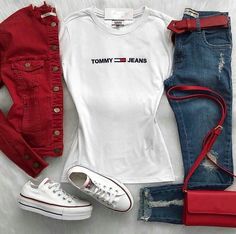 Looks Jeans, Outfit Mujer, Outfits With Converse, Casual Fall Outfits, Business Casual Outfits, Red Jacket, Outfits Casuales, Jean Outfits