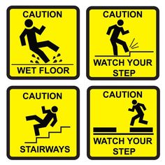 four warning signs showing how to use the stairs and avoid falling from them, including caution, wet floor, watch your stairways, and stair steps