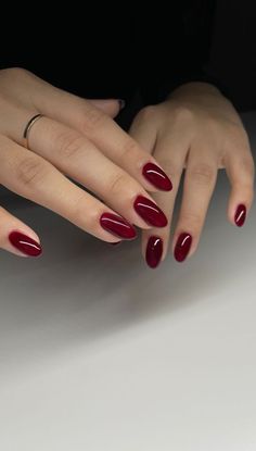 One Color Acrylics, Red Nails Wedding, Red Wine Nail Color, Wine Almond Nails, Cranberry Nail Color, Cranberry Red Nails, Cool Red Nails, Cranberry Nails Fall, New Year’s Nails