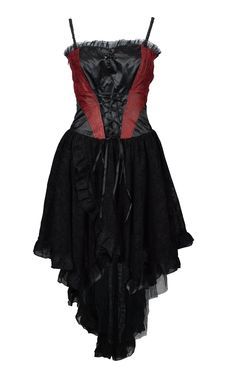 Elaborately tailored gothic style dress by Lucyfire fashion. The waisted dress features an asymmetrical multi-layer skirt made of lace fabric subtly printed with small skulls and floral patterns in flock print. The skirt is short at the front and intersecting cut and has a nice long trail behind. The top of the dress is made of black satin and red antique leatherette, in the form of a corsage. By lacing the front and back over an elastic band, you can make a fine adjustment of the size. The dres Flock Print, Halloween Themed Wedding, Long Trail, Gothic Looks, Satin Noir, Layered Skirt, Lace Ruffle, Black Rhinestone, Gothic Fashion