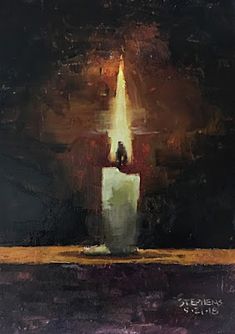 a painting of a lit candle on a table