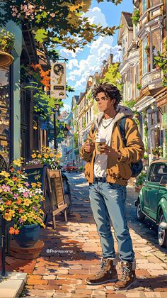 a painting of a young man standing on a sidewalk in front of a flower shop