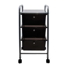 three drawers with wheels on each side and two black bins on the other side