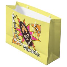 a yellow shopping bag with an image of a skateboard on it