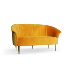 an orange couch with wooden legs on a white background