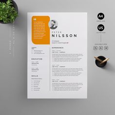 a clean and modern resume template with an orange accent on the top, next to a plant