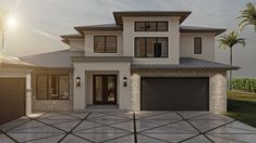 this is an artist's rendering of a two story house with garages and landscaping