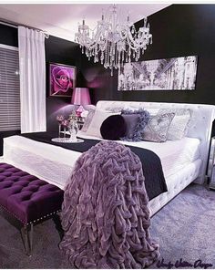 Purple And Black Bedroom, Beautiful Bed Designs, Glam Bedroom, Future Apartment Decor