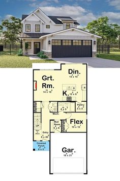 Modern Two-Story 4-Bedroom Craftsman House Plan for a Narrow Lot with a Flex Room Modern Craftsman Home, Two Story Craftsman, Room Floor Plan, Simple Floor Plans, White Wall Bedroom, Narrow Lot House Plans, Contemporary Craftsman, Lap Siding, Open Concept Layout