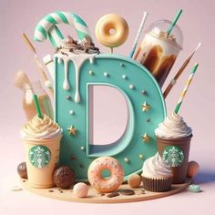 the letter d is surrounded by starbucks drinks and donuts