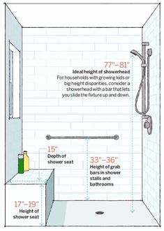 the bathroom shower is shown with measurements