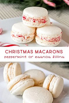 christmas macaroons with peppermint or eggnog filling on a white plate