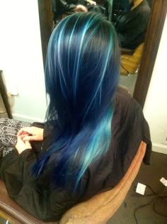 Hair Half Shaved, Shaved Long Hair, Blue Hair Highlights, Hair Stripes, Ocean Hair, Undercut Long Hair, Half Shaved Hair, Blue Ombre Hair, Temporary Hair Dye