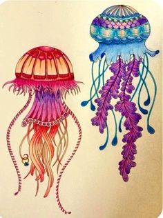 two colorful jellyfishs are shown in this drawing