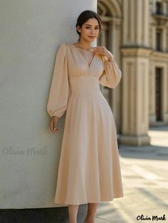 Olivia Mark - Elegant Satin Lantern Sleeve Dress with Waistband - Perfect for Formal Occasions Empire Waist Evening Dress, Skirt Wedding Dress, Wedding Evening Gown, A Line Cocktail Dress, Umbrella Skirt, Evening Party Gowns, Elegant Attire, Evening Gown Dresses, Lantern Sleeve Dress