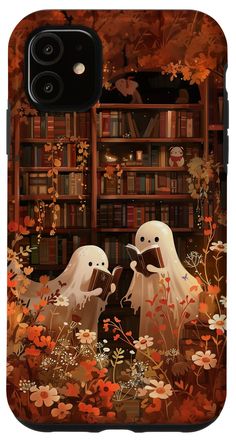 two white birds sitting in front of a bookshelf filled with lots of books