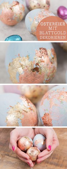 three different pictures showing how to dye easter eggs with gold and blue paint on them