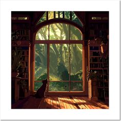 a cat sitting in front of an open window looking out at the forest outside it