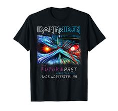 an iron maiden t - shirt with the words, future past and a demonic face