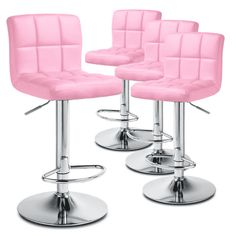 four pink bar stools with chrome bases