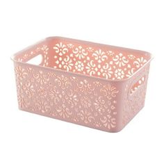 a pink plastic storage container with an intricate design on the front and sides, sitting against a white background