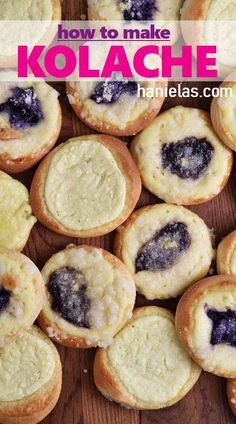 homemade kolache cookies with blueberry filling on a cutting board and text overlay