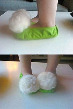 two pictures of someone's feet with green slippers and white fluffy balls on them