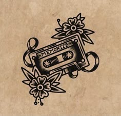 an old school tattoo style drawing of a tape recorder with the word memoize on it