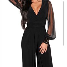 Sexy Wide Leg Jumpsuit Elegant Black Jumpsuits And Rompers For Club, Black V-neck Jumpsuit For Club, Elegant Black Jumpsuit For Club, Black V-neck Bodysuit For Party, Elegant V-neck Jumpsuits And Rompers For Club, Black V-neck Jumpsuits And Rompers For Club, Black V-neck Bodysuit For Evening, Rompers Womens Jumpsuit, Jumpsuits Women