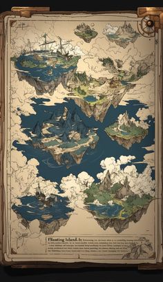 an old map with many islands in the water and clouds above it, as well as mountains