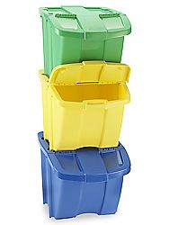 three plastic storage containers stacked on top of each other, one blue and one yellow