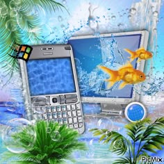 an image of a cell phone and fish in the water