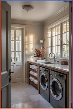 a washer and dryer are in the middle of a laundry room with lots of windows