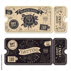 two black and white tickets for tattoo parlors, with ribbons on them royalty illustration