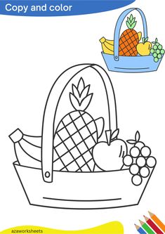 a coloring page with fruits and vegetables in a basket on top of the image, which is