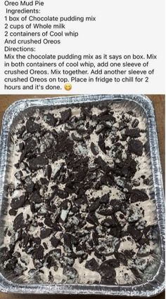 an ice cream cake with oreo crust and chocolate pudding mix in it on top of a table