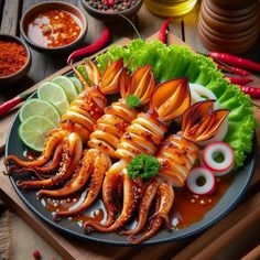 an octopus platter on a plate with sauces and seasonings around the plates