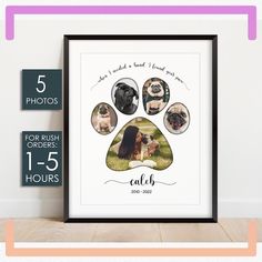 a dog paw print with five photos and the date for each pet's birth